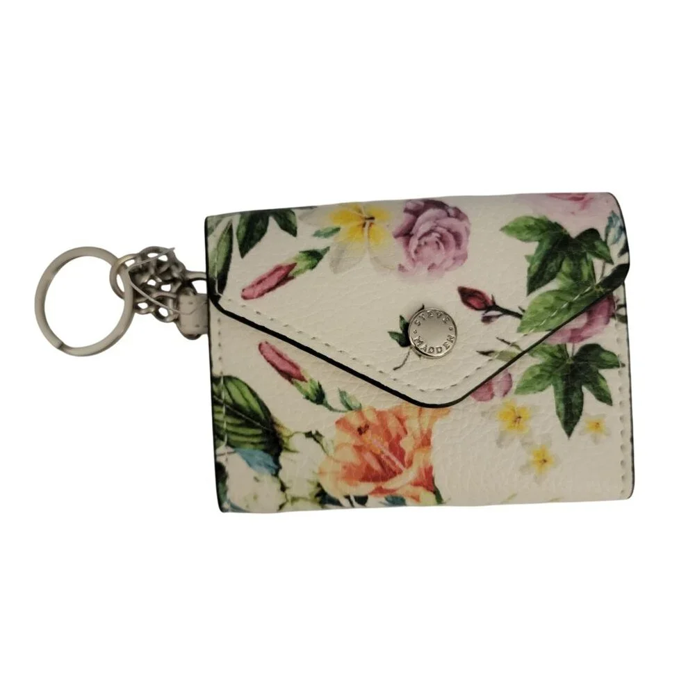 Steve Madden Floral Mini Wallet Keychain Card Holder – Snap Closure, Cream Multi - Picture 1 of 5